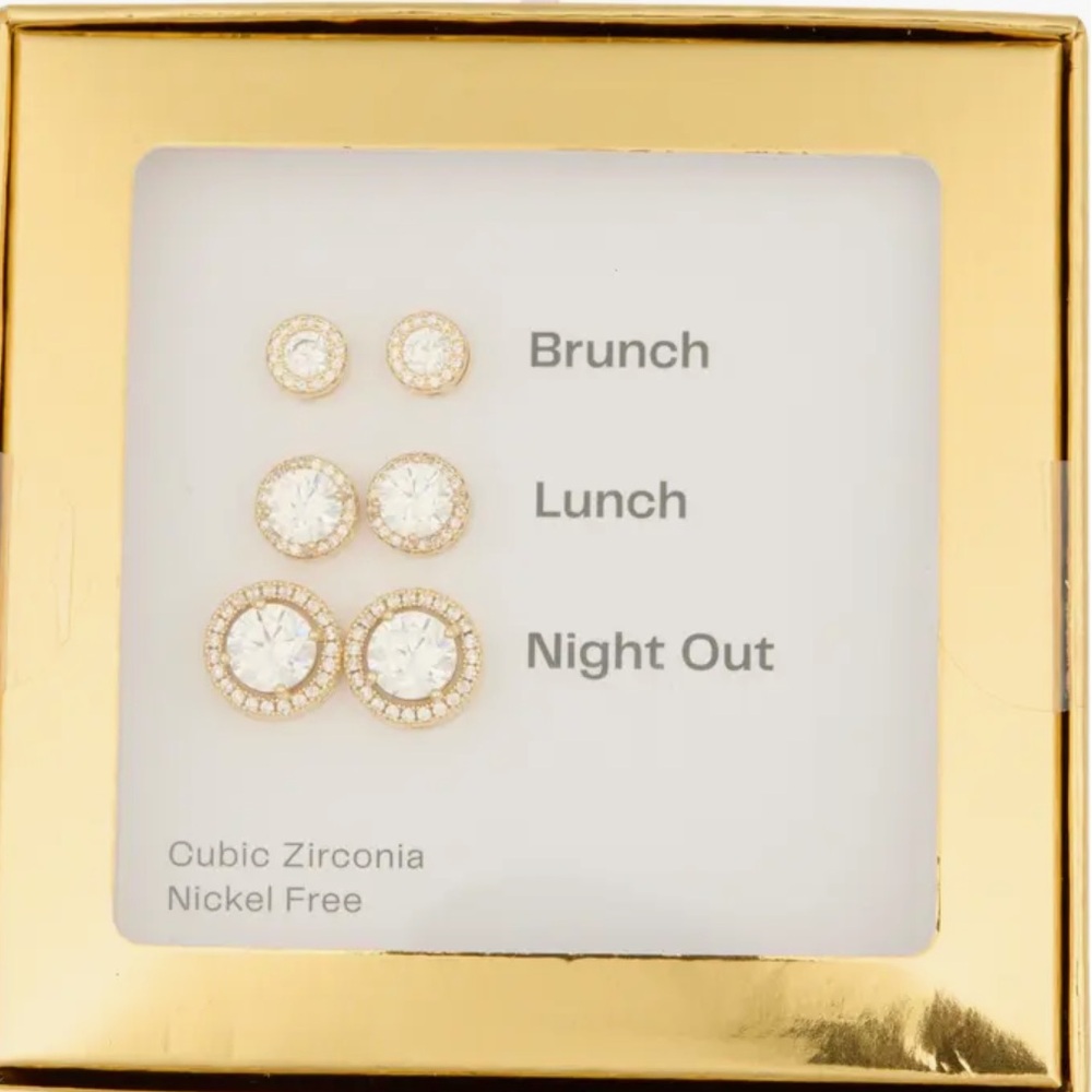 Cubic Zirconia Earring Set of 3 in Gold Box Brunch Lunch Night Out Nickel Free - Picture 2 of 3